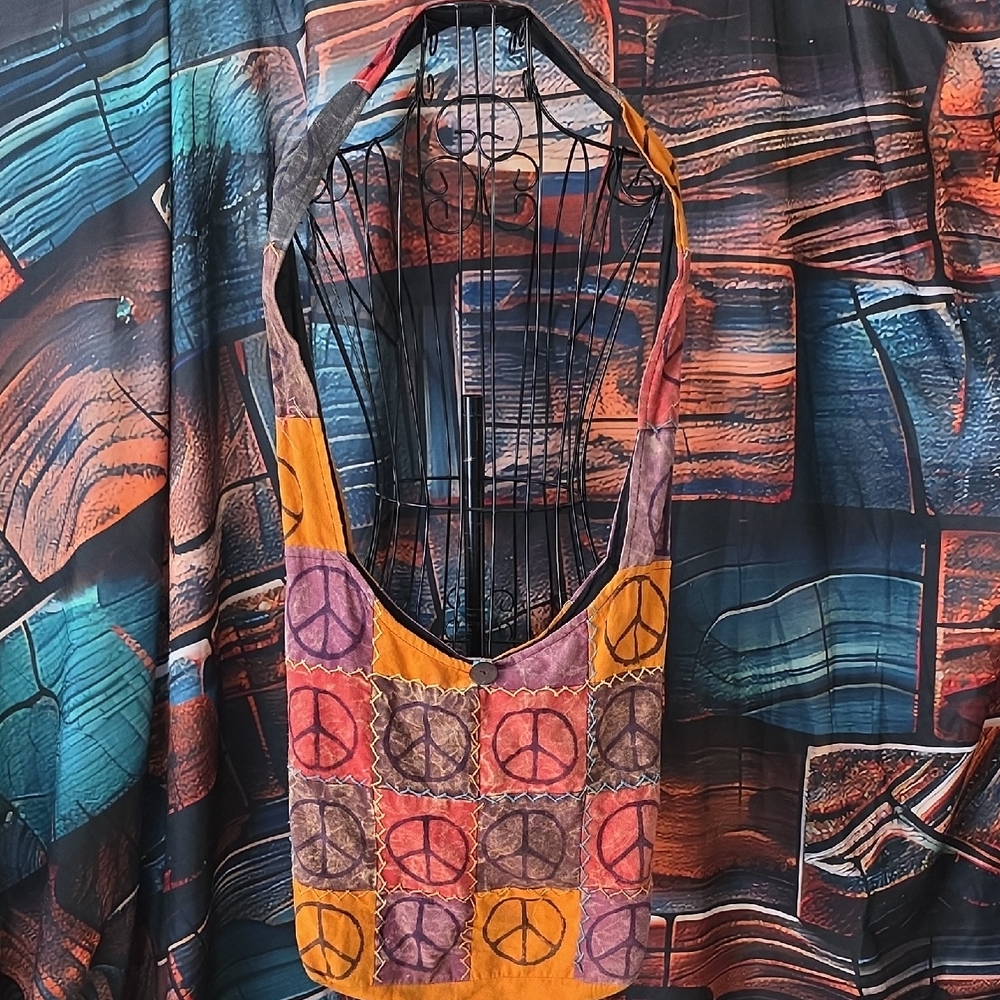 Colorful Peace Sign Patchwork Bag 14x15x4 Made In Nepal 100% Cotton